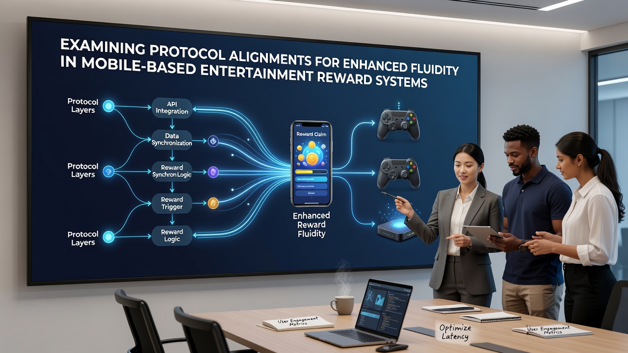 Network diagram illustrating aligned protocols connecting mobile entertainment apps with reward servers
