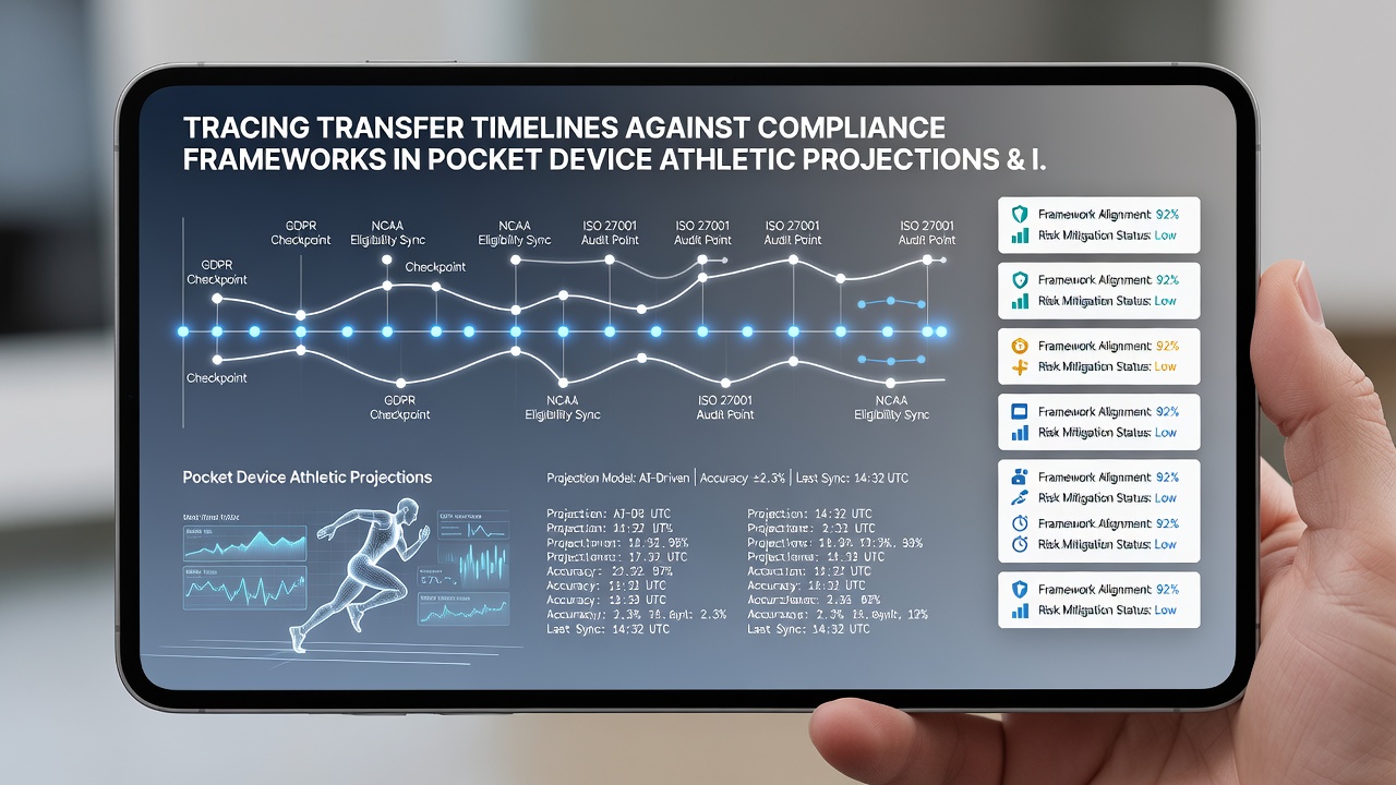 Dashboard view of compliance framework alignment with transfer timelines for mobile athletic projections and interactive sessions