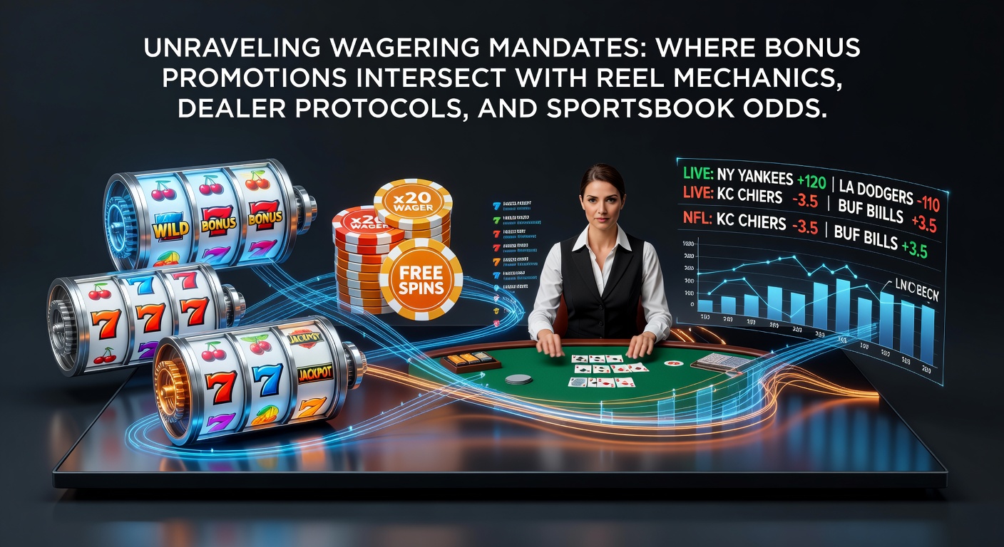 Digital graphic showing intertwined elements of casino bonuses, slot reels, live dealer tables, and sportsbook odds charts, symbolizing their complex intersections under wagering rules